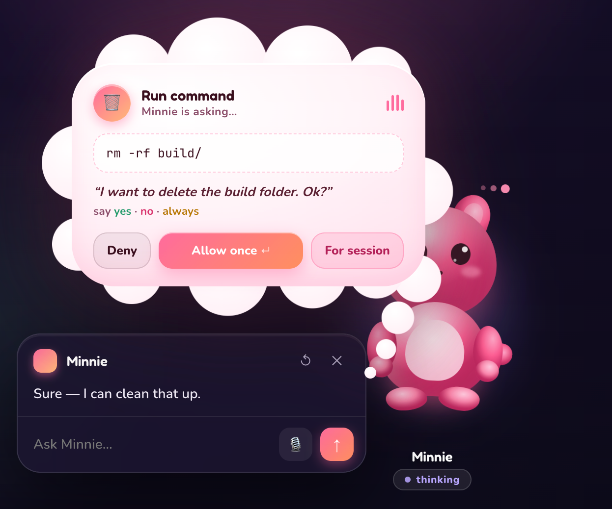 Minnie's consent cloud on macOS: she asks 'I want to delete the build folder. Ok?' before running rm -rf build/, offering Deny, Allow once and For session.