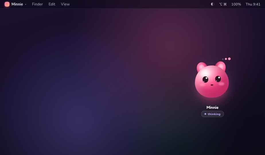 Minnie sitting in the corner of a macOS desktop with a 'thinking' status pill while the coding agent works.